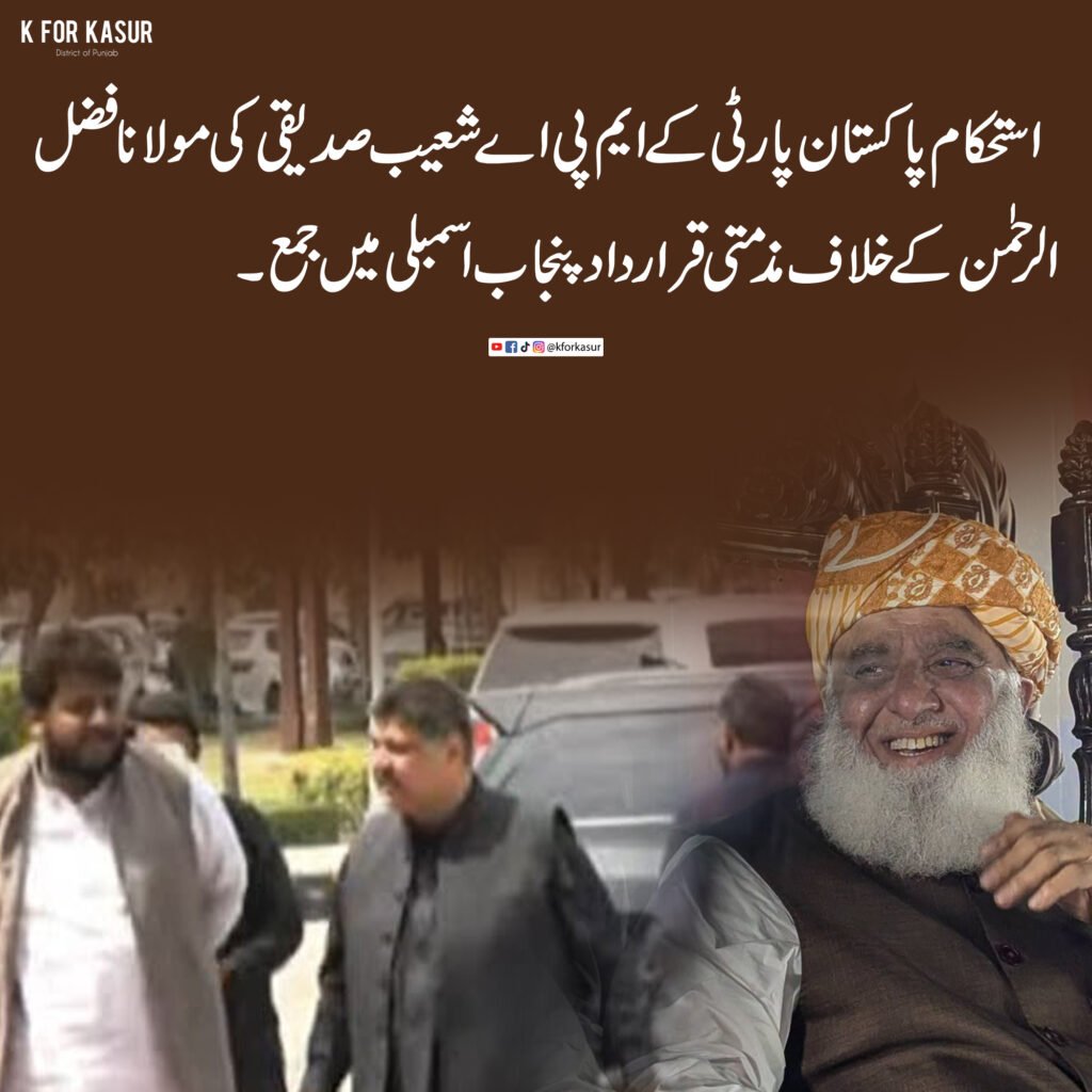 استحکام پاکستان پارٹی کے ایم پی اے شعیب صدیقی کی مولانا فضل الرحمٰن کے خلاف مذمتی قرارداد پنجاب اسمبلی میں جمع
