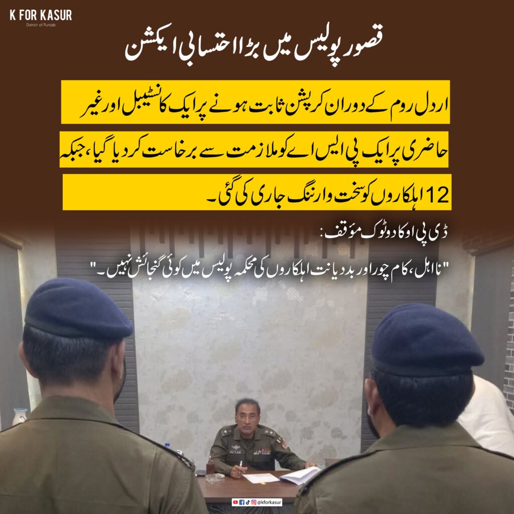 ڈی پی او قصور کا سخت ایکشن، کرپشن اور غیر حاضری پر دو پولیس اہلکار ملازمت سے برخاست