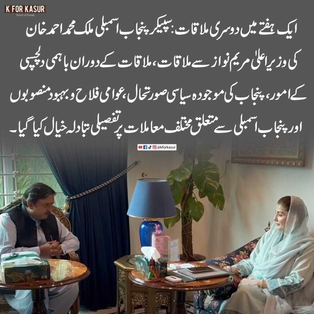 ایک ہفتے میں دوسری ملاقات: سپیکر پنجاب اسمبلی ملک محمد احمد خان کی وزیراعلیٰ مریم نواز سے ملاقات