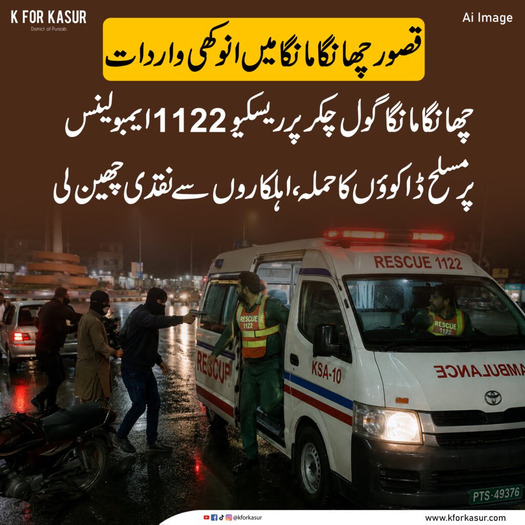 چھانگا مانگا گول چکر پر ریسکیو 1122 ایمبولینس پر مسلح ڈاکوؤں کی لوٹ مار