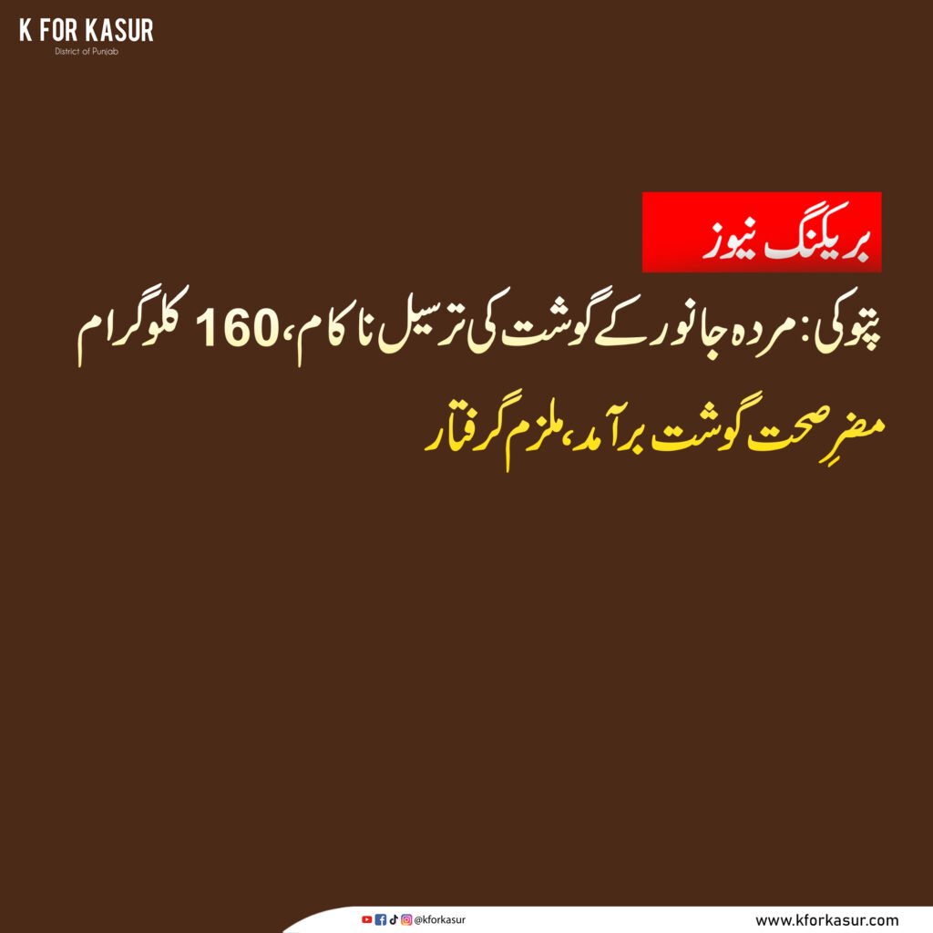 قصور: مردہ جانور کے گوشت کی ترسیل ناکام، 160 کلوگرام گوشت برآمد، ملزم گرفتار